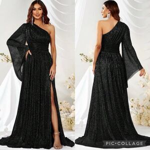 NEW Giffniseti One Shoulder Split Thigh Formal Black Pleat Dress Maxi Size XL 16